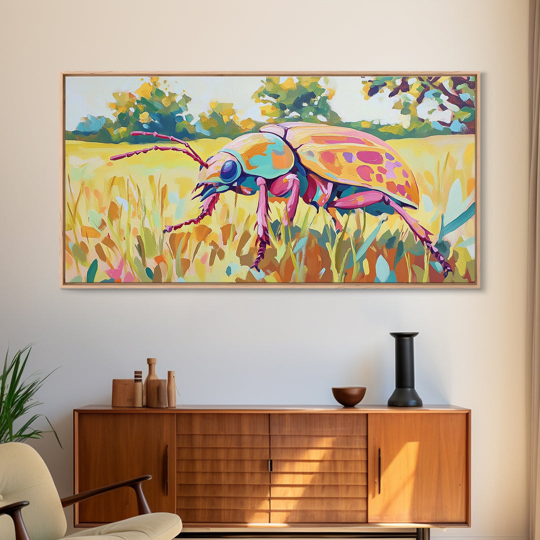 Iridescent Beetle In Golden Meadow Framed Canvas Print, Colorful Insect Wall Art, Nature Inspired Decor, Nature Lover Gift