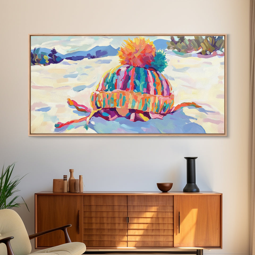 Striped Knit Hat In Snow Canvas Print, Cozy Winter Wall Art, Colorful Nursery Decor, Mountain Landscape, Housewarming Gift