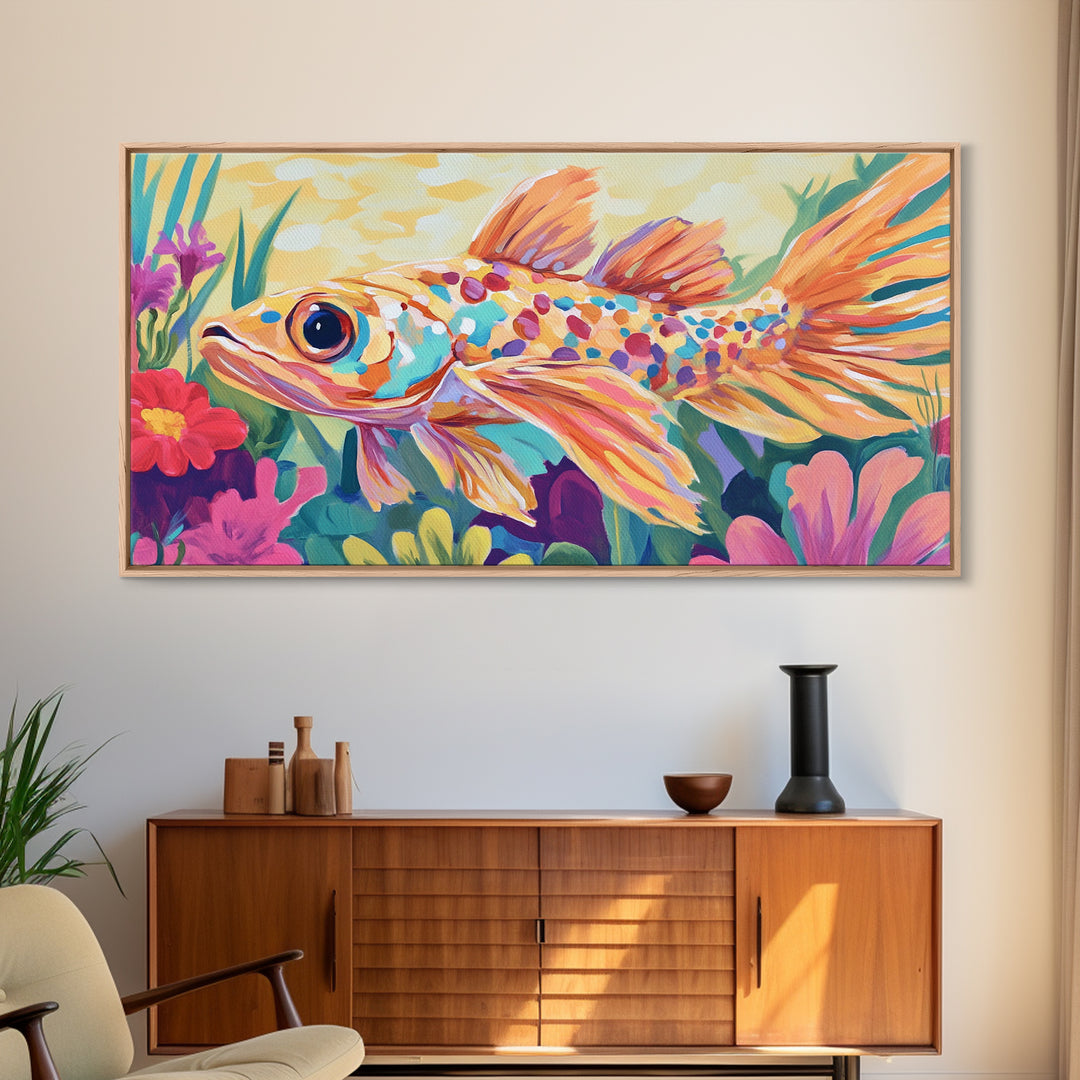 Colorful Goldfish Swimming Through Flowers Canvas Print, Whimsical Animal Wall Art, Ocean Nursery Decor, Bright Bathroom Art