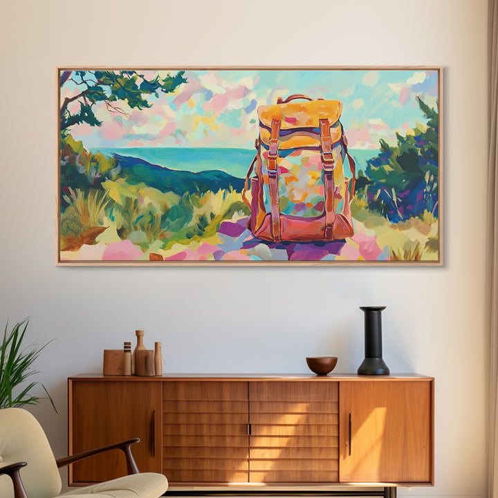 Floral Backpack Coastal Landscape Wall Art, Travel Inspired Art Print, Hiking Gift, Beach House Decor, Modern Nature Wall Decor