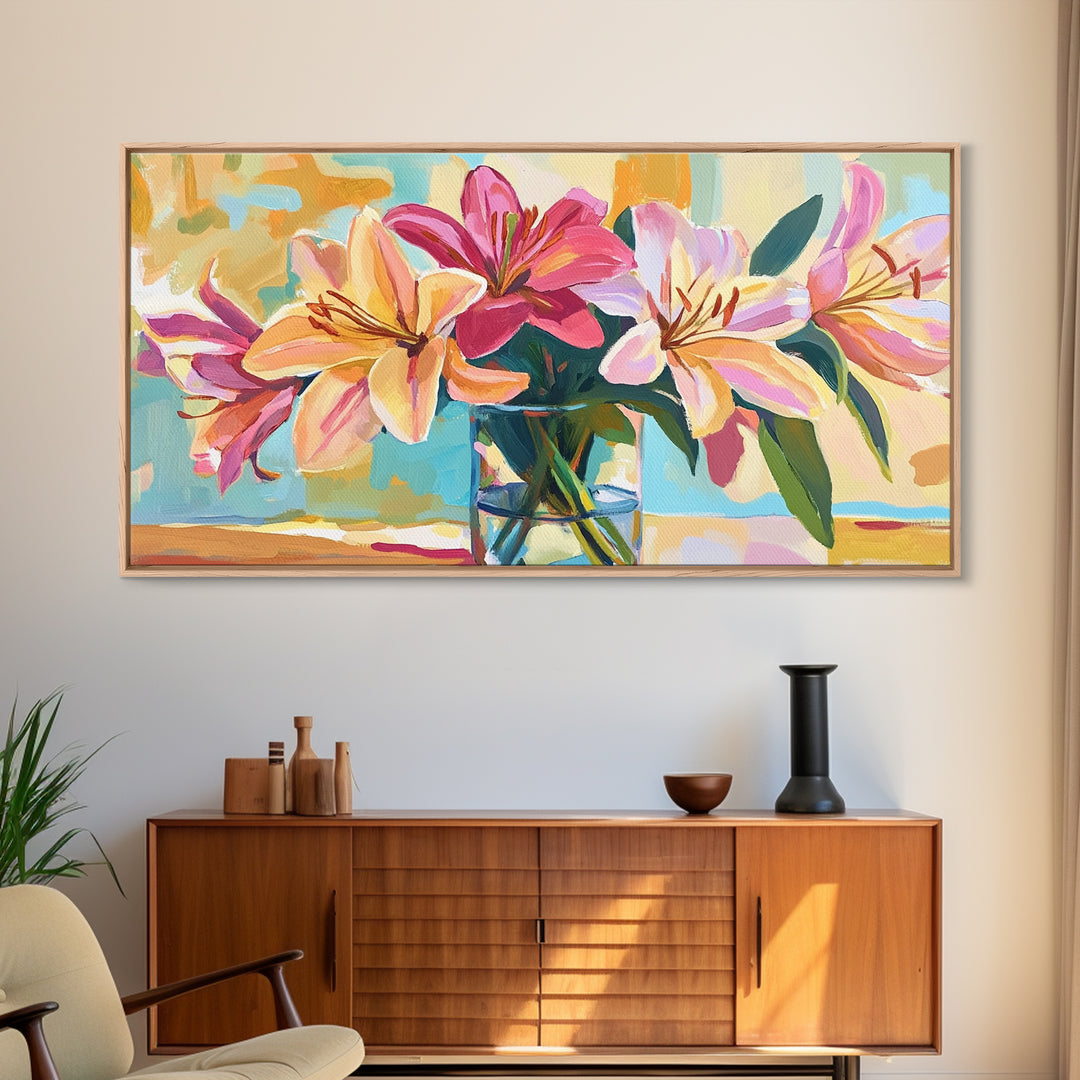 Pink Lilies In Glass Vase Framed Canvas Print, Floral Wall Art, Botanical Decor, Feminine Living Room Wall Decor, Gift For Her