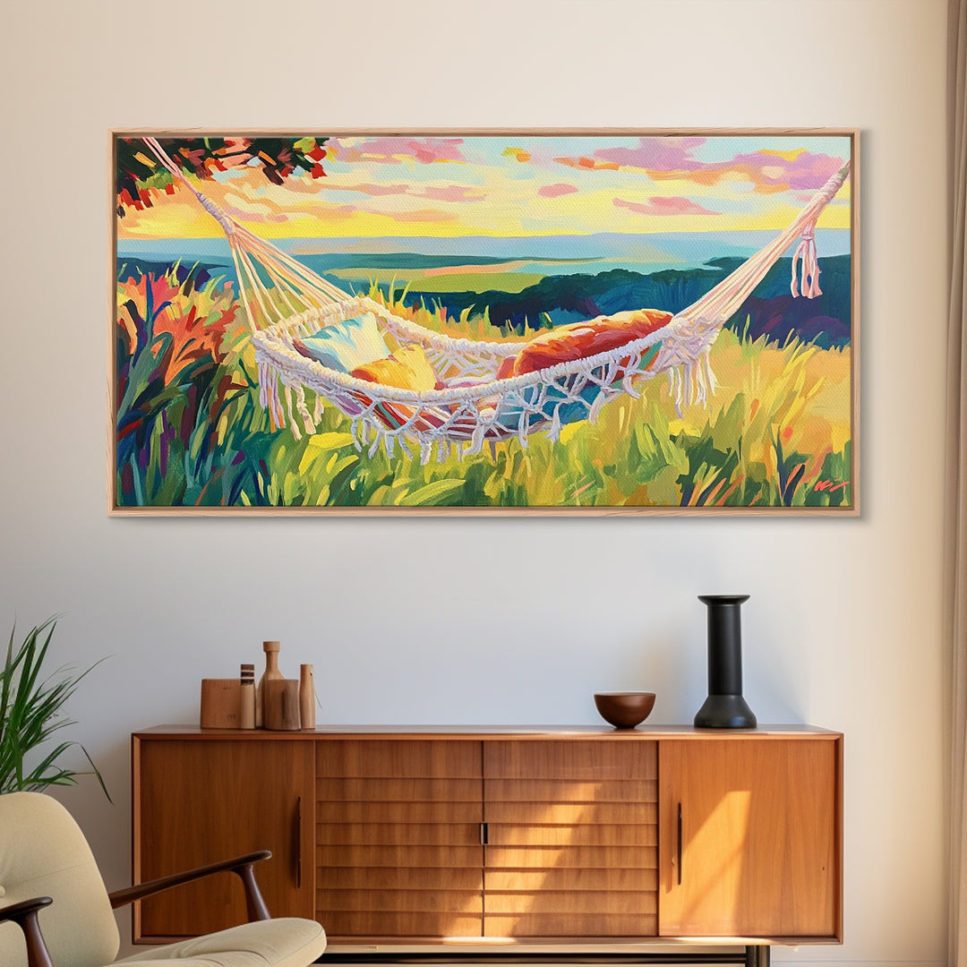 White Hammock By Coastal Meadow Wall Art, Beach House Decor, Relaxing Art Print, Summer Landscape, Above Bed Decor, Living Room Wall Decor