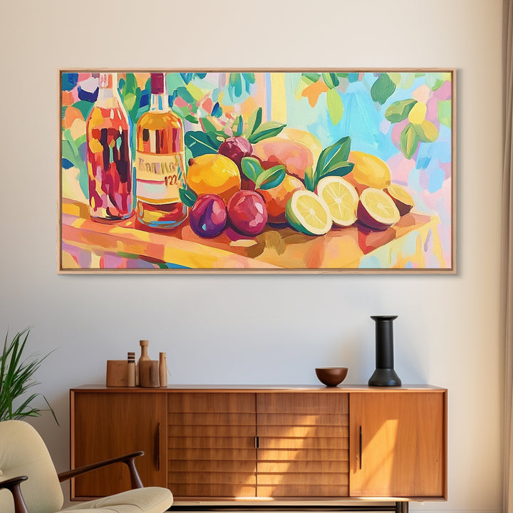 Colorful Citrus And Wine Still Life Canvas Print, Bright Kitchen Wall Art, Fruit Art Print, Dining Room Decor, Housewarming Gift