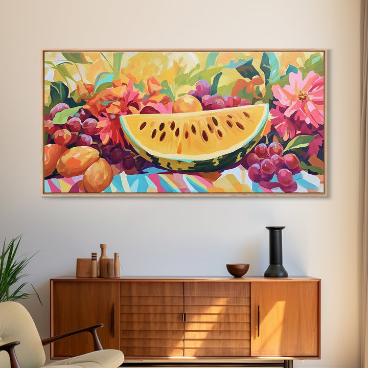 Sunny Watermelon And Summer Fruit Canvas Print, Colorful Kitchen Wall Art, Fruit Still Life, Dining Room Home Decor Gift