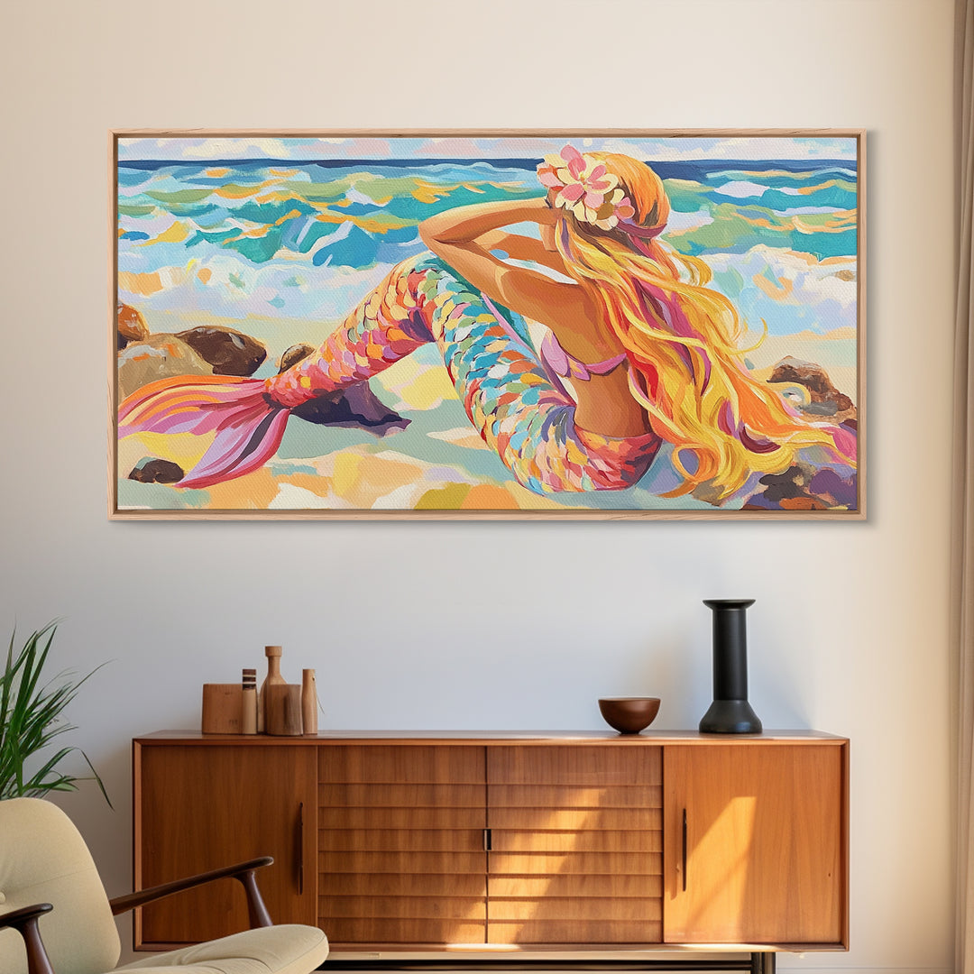 Blonde Mermaid On Sunny Beach Canvas Print, Fantasy Wall Art, Coastal Ocean Decor, Whimsical Nursery Or Bathroom Decor Gift