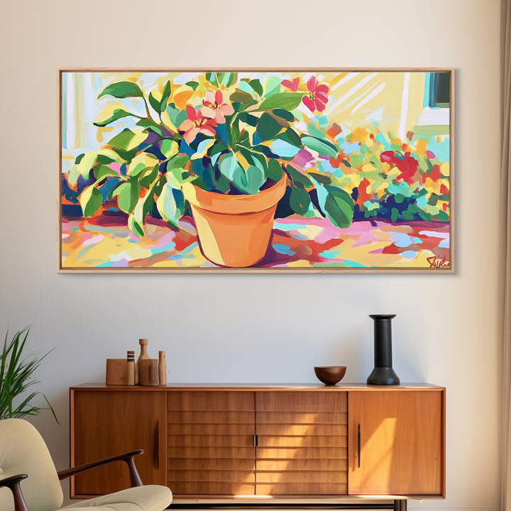 Potted Citrus Tree With Pink Flowers Canvas Print, Botanical Wall Art, Garden Decor, Bright Living Room Home Decor Gift Idea