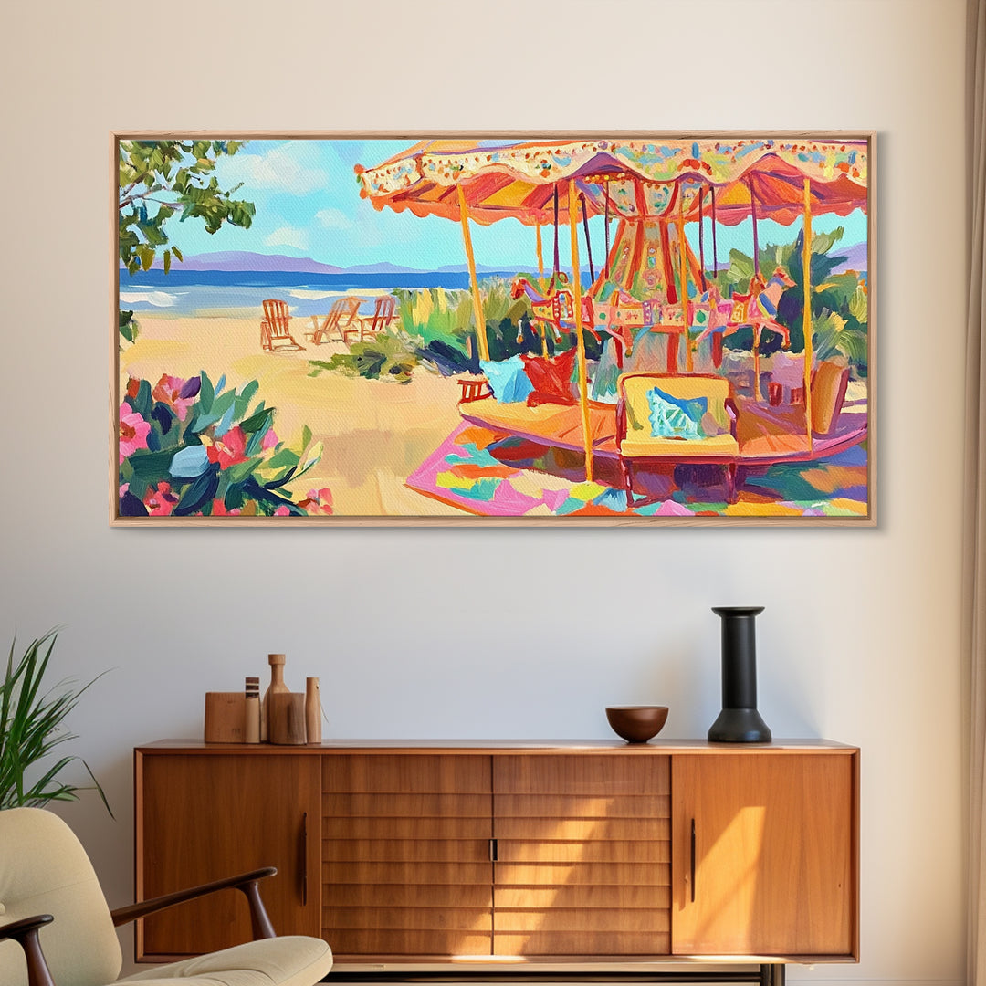 Beachside Carousel With Ocean Chairs Framed Canvas Print, Coastal Wall Art, Summer Beach Decor, Colorful Living Room Art