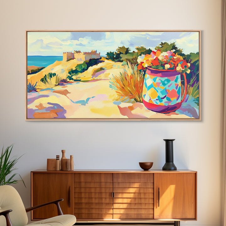 Seaside Dunes Castle And Mosaic Flower Pot Canvas Print, Coastal Wall Art, Beach House Decor, Summer Landscape Art Print