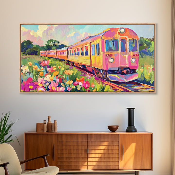 Pink Yellow Train Through Wildflower Meadow Framed Canvas Print, Colorful Wall Art, Travel Decor, Modern Landscape Art Print