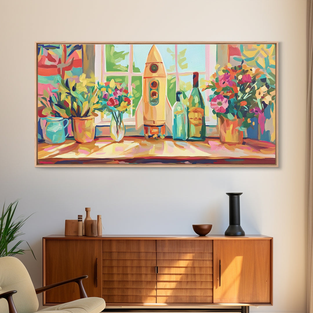 Retro Rocket On Sunny Windowsill With Plants Canvas Print, Space Wall Art, Kids Room Decor, Colorful Nursery Art Print Gift