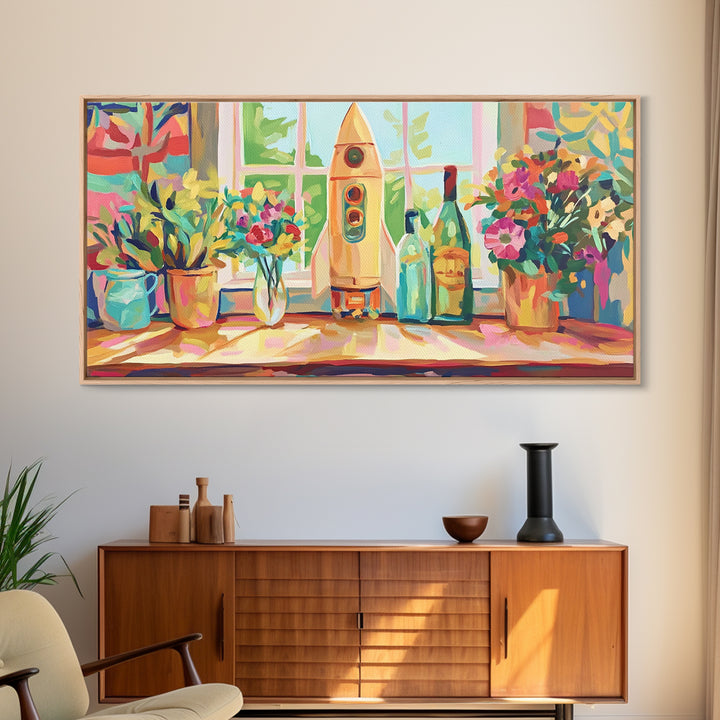 Retro Rocket On Sunny Windowsill With Plants Canvas Print, Space Wall Art, Kids Room Decor, Colorful Nursery Art Print Gift