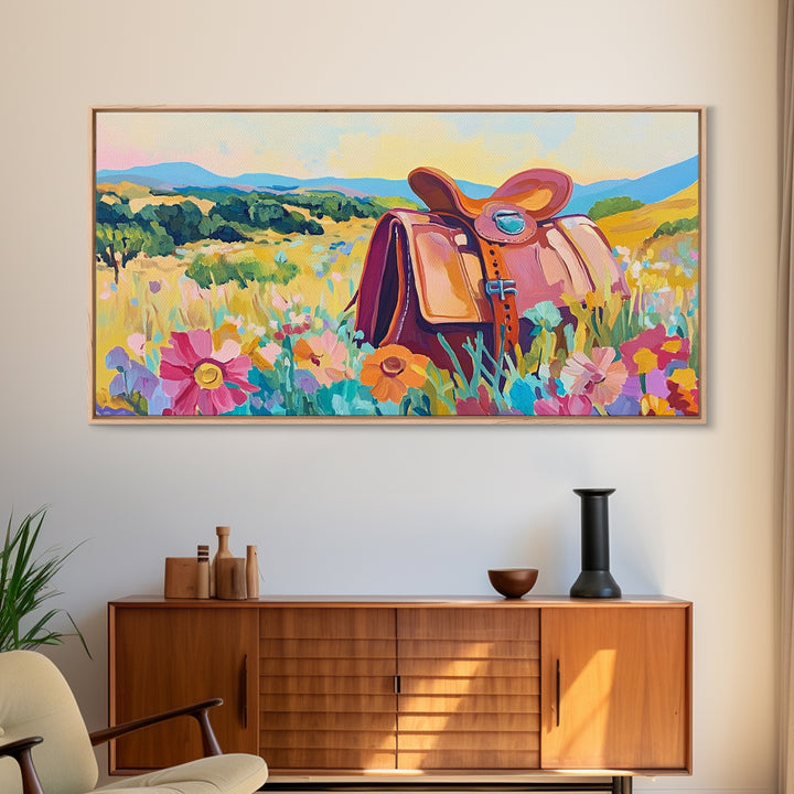 Western Saddle In Wildflower Meadow Wall Art, Cowgirl Canvas Print, Colorful Landscape Art, Rustic Ranch Home Decor Gift