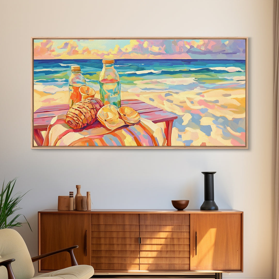 Beach Picnic With Croissants And Bottles Canvas Print, Coastal Wall Art, Ocean Seascape Art, Summer Kitchen Decor Gift For Her