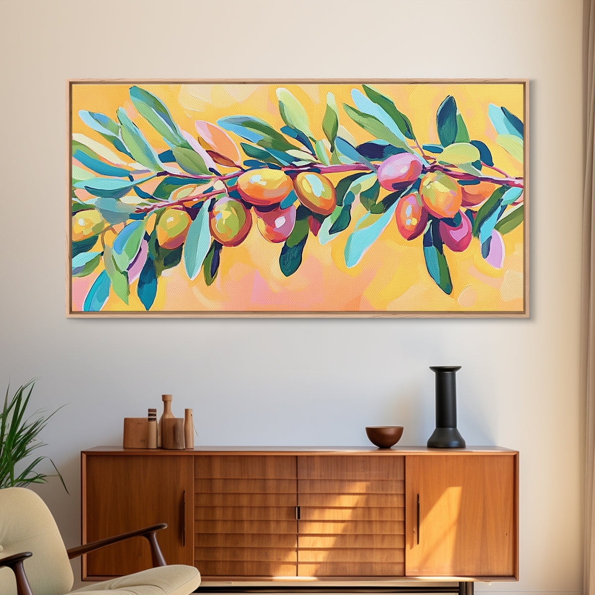 Olive Branch With Green Leaves And Golden Fruit Wall Art, Mediterranean Canvas Print, Botanical Kitchen Decor Gift For Her