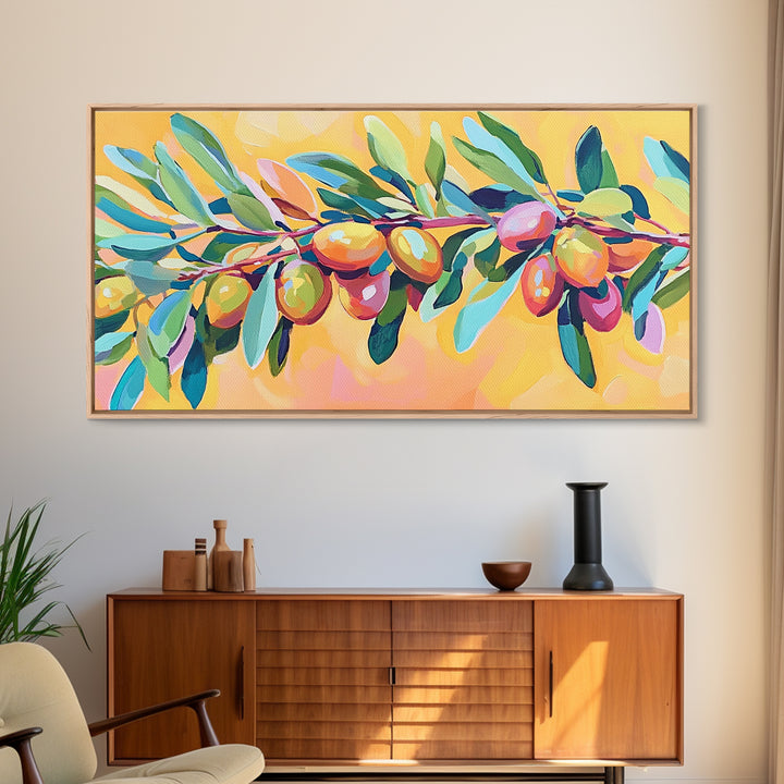 Olive Branch With Green Leaves And Golden Fruit Wall Art, Mediterranean Canvas Print, Botanical Kitchen Decor Gift For Her