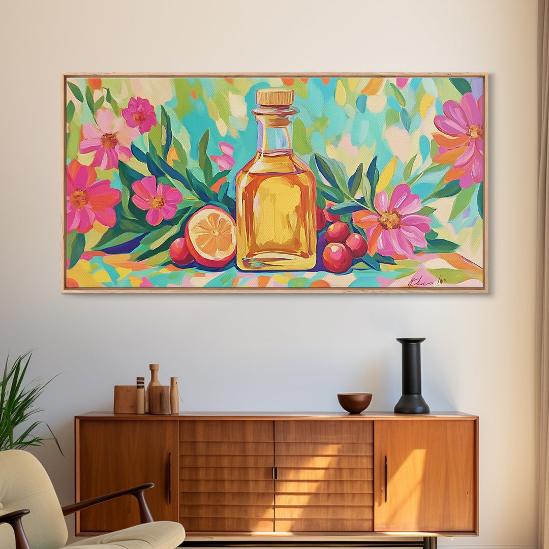 Olive Oil Bottle With Lemon And Pink Flowers Canvas Print, Mediterranean Wall Art, Botanical Kitchen Home Decor Gift For Her