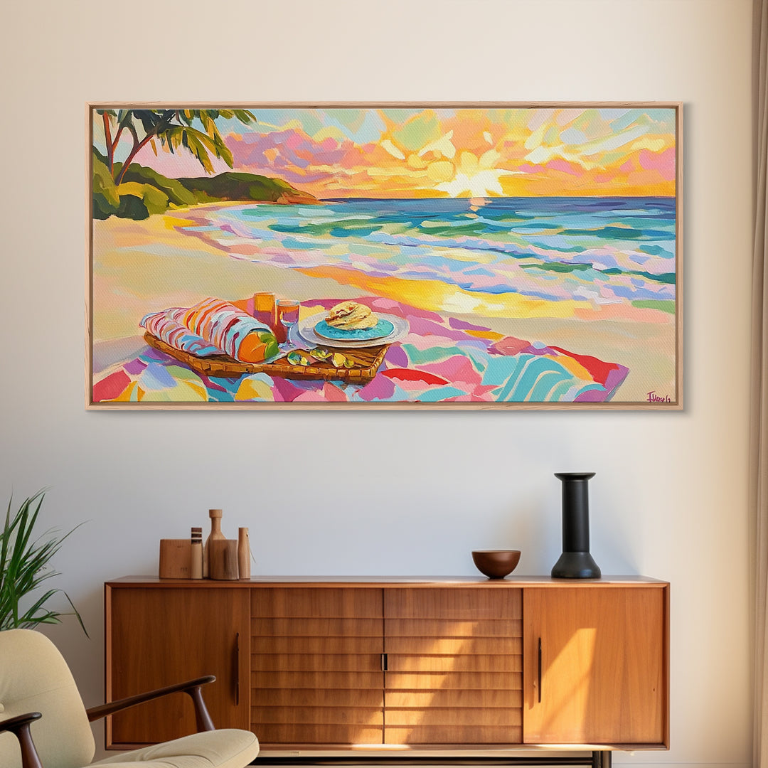 Tropical Beach Picnic At Sunset Canvas Print, Coastal Wall Art, Ocean Decor, Beach House Decor, Summer Wall Art, Gift For Her