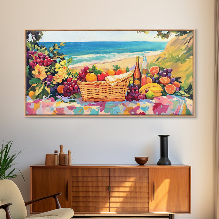 Seaside Picnic Basket Framed Canvas Print, Coastal Wall Art, Fruit And Wine Still Life, Beach House Kitchen Decor Gift For Her