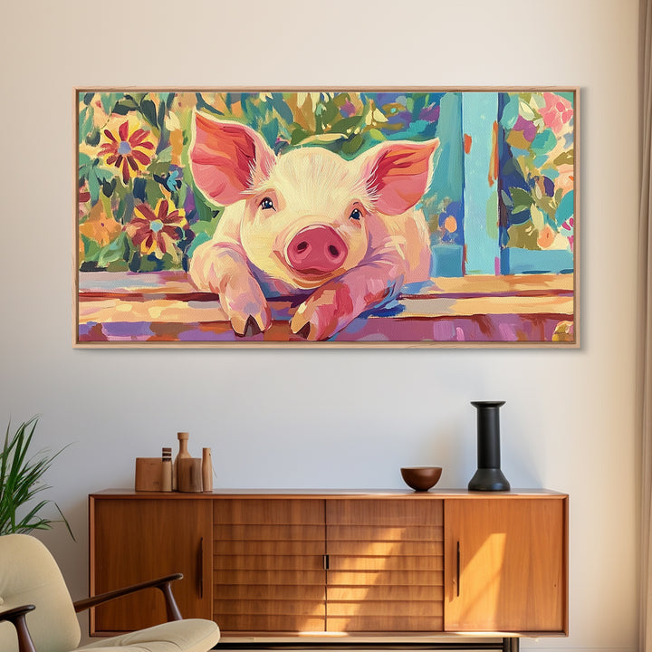 Piglet At Garden Fence Framed Canvas Print, Cute Farm Animal Wall Art, Floral Farmhouse Home And Nursery Decor, Gift For Her
