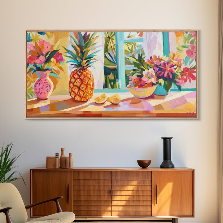 Pineapple And Tropical Flowers Canvas Print, Colorful Kitchen Wall Art, Summer Fruit Still Life, Coastal Home Decor Gift