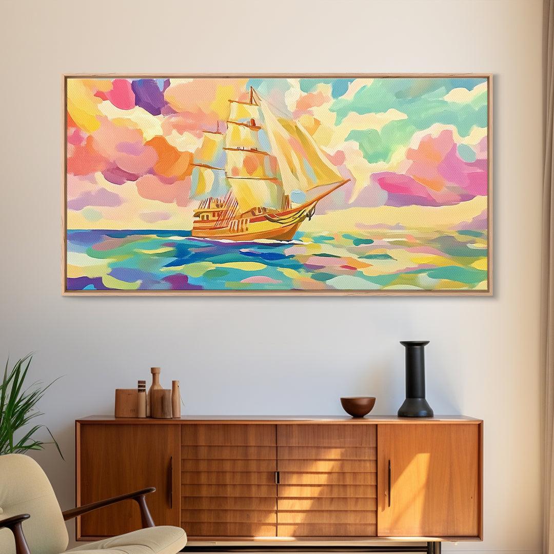 Pastel Sailboat On Turquoise Sea Canvas Print, Coastal Wall Art, Nautical Decor, Ocean Landscape, Beach House Gift For Living Room