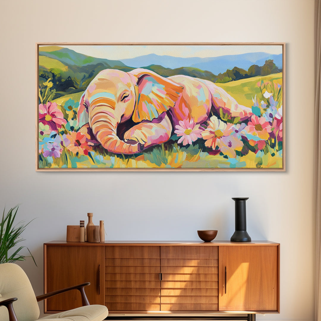Sleeping Baby Elephant In Flower Meadow Framed Canvas Print, Safari Nursery Wall Art, Whimsical Animal Art, Kids Room Decor
