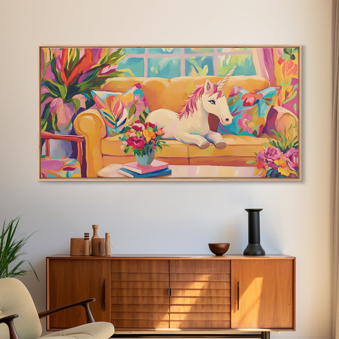White Unicorn Lounging On Yellow Sofa Wall Art, Whimsical Nursery Art Print, Girls Room Decor, Fantasy Home Decor, Unique Gift