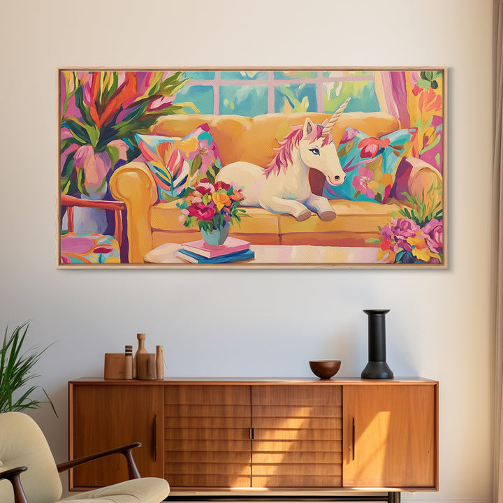White Unicorn Lounging On Yellow Sofa Wall Art, Whimsical Nursery Art Print, Girls Room Decor, Fantasy Home Decor, Unique Gift