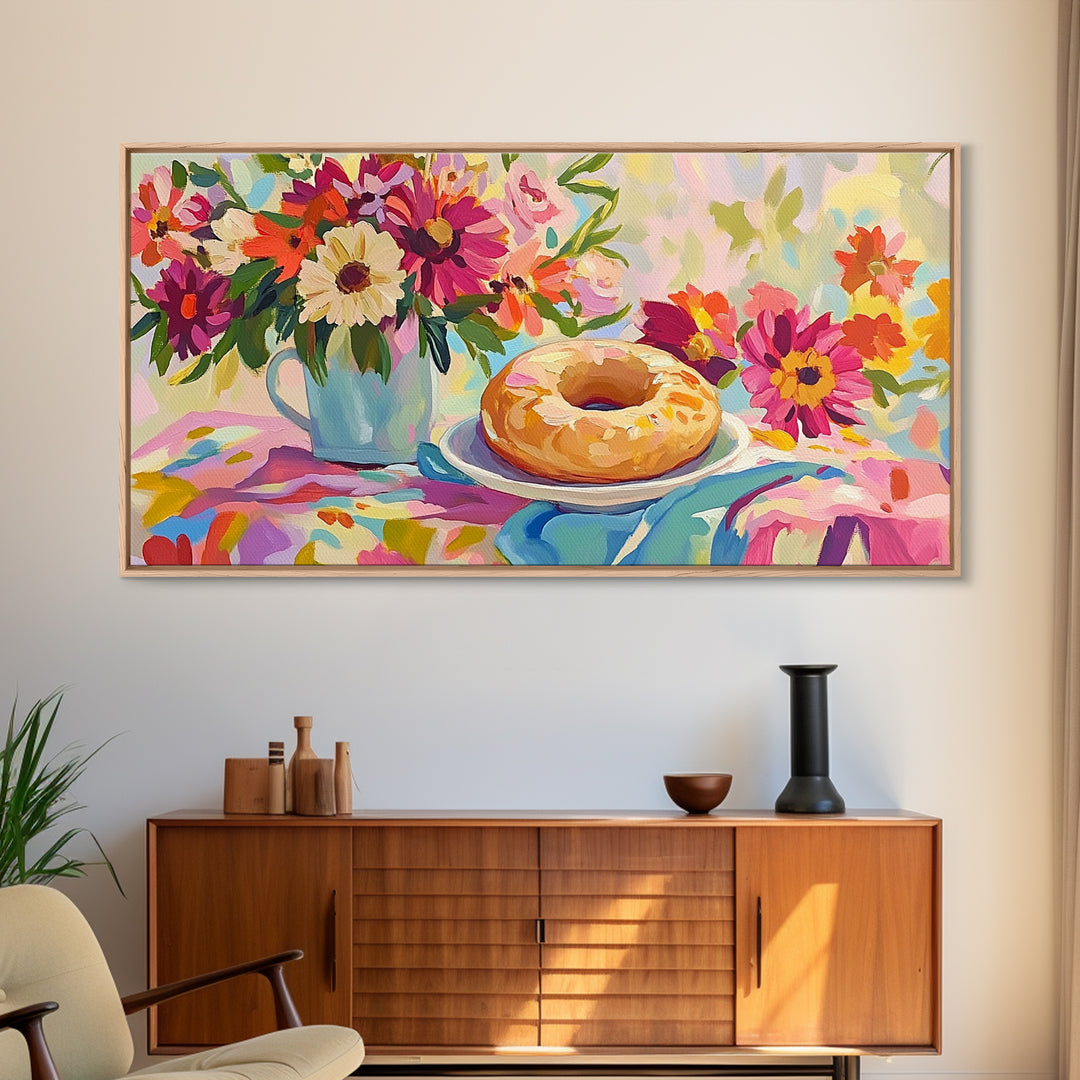 Glazed Donut And Garden Flowers Canvas Print, Bakery Wall Art, Cheerful Kitchen Decor, Colorful Breakfast Nook Art, Housewarming Gift
