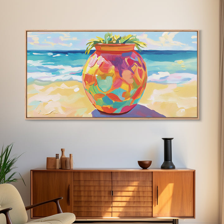 Painted Beach Planter With Ocean View Canvas Print, Coastal Wall Art, Tropical Beach House Decor, Colorful Summer Art Gift