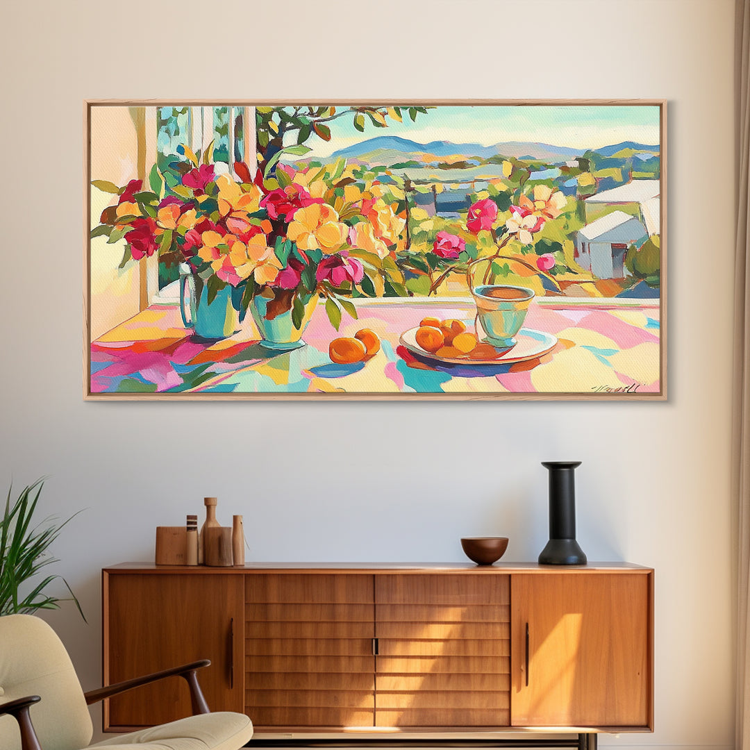Sunny Terrace Flowers And Citrus Canvas Print, Mediterranean Wall Art, Italian Countryside Decor, Colorful Dining Room Print