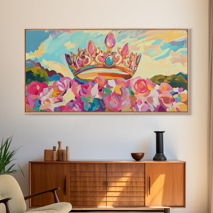 Jeweled Crown Over Pink Roses Canvas Print, Magical Princess Wall Art, Fairytale Nursery Decor, Whimsical Girls Room Gift