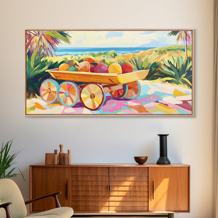 Tropical Fruit Cart By The Sea Canvas Print, Coastal Wall Art, Tropical Beach House Decor, Colorful Summer Kitchen Art Gift
