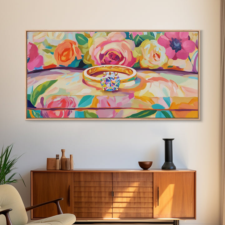 Diamond Engagement Ring With Roses Framed Canvas Print, Romantic Wall Art, Floral Wall Decor, Anniversary Wedding Gift For Her