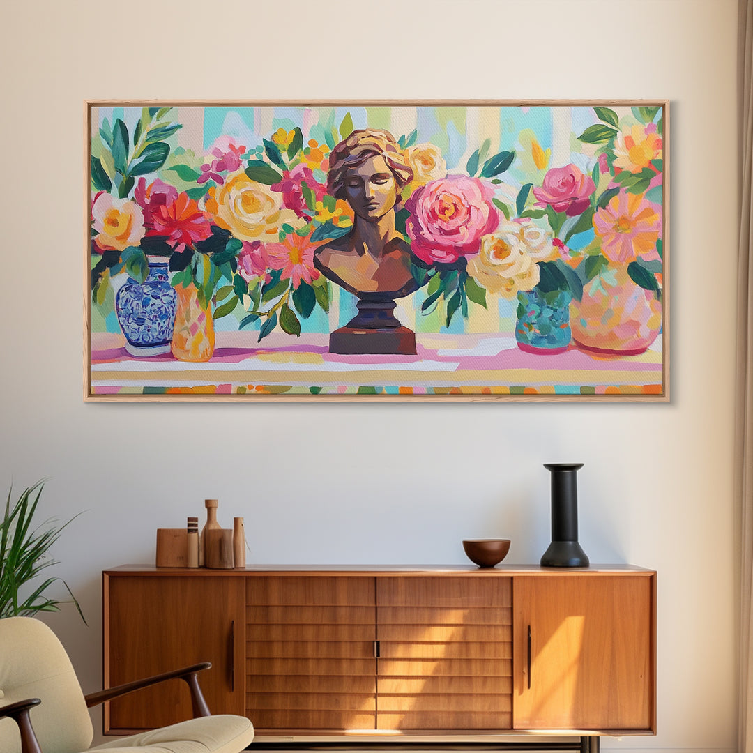 Classical Bust With Roses Framed Canvas Print, Floral Wall Art, Romantic Garden Decor, Feminine Living Room Art Gift For Her