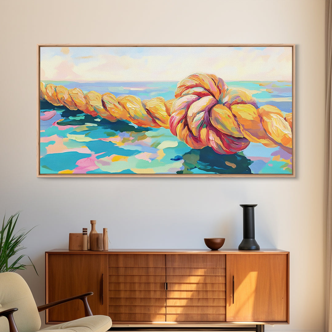 Nautical Rope Knot By Blue Sea Canvas Print, Coastal Wall Art, Ocean Beach House Decor, Lake House Living Room Decor Gift