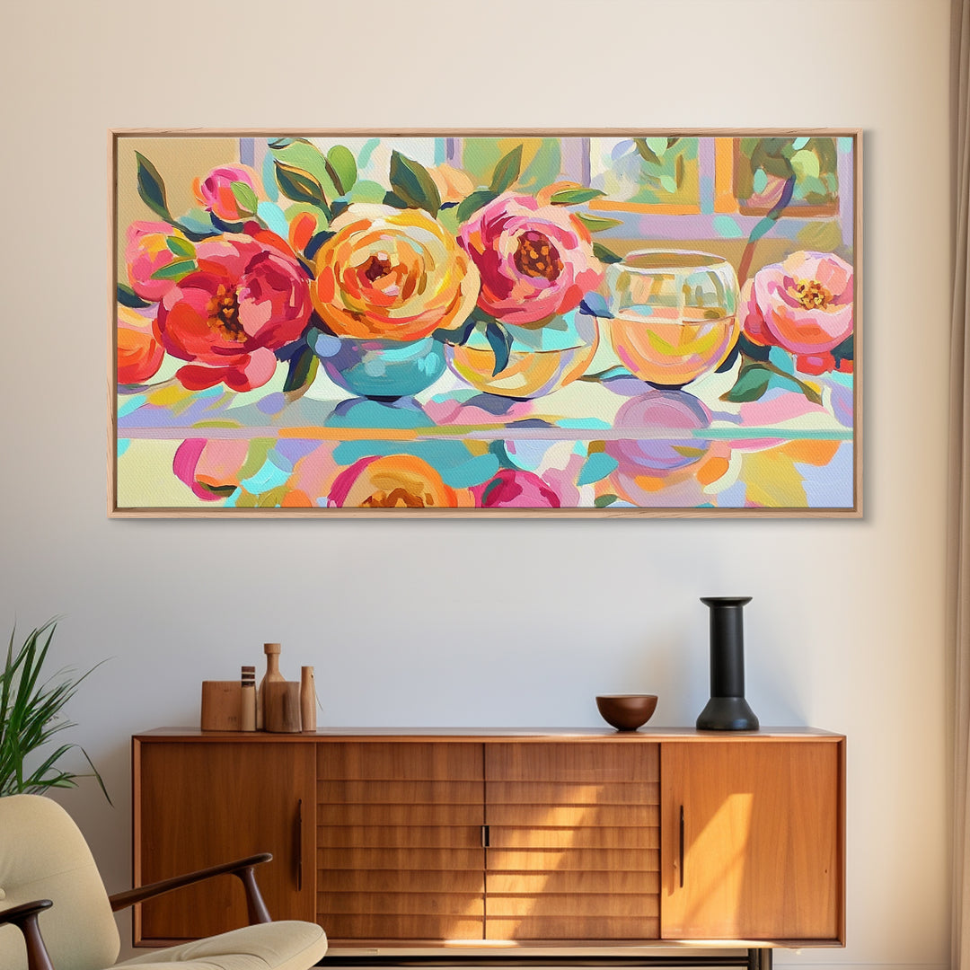 Pink Roses And White Wine Framed Canvas Print, Floral Still Life Wall Art, Romantic Kitchen Decor Gift For Her Dining Room Art
