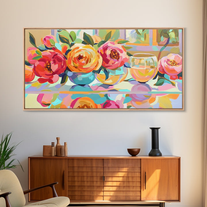 Pink Roses And White Wine Framed Canvas Print, Floral Still Life Wall Art, Romantic Kitchen Decor Gift For Her Dining Room Art