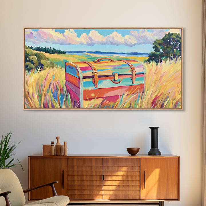 Striped Treasure Chest In Coastal Meadow Framed Canvas Print, Beach House Decor, Colorful Landscape Wall Art, Housewarming Gift
