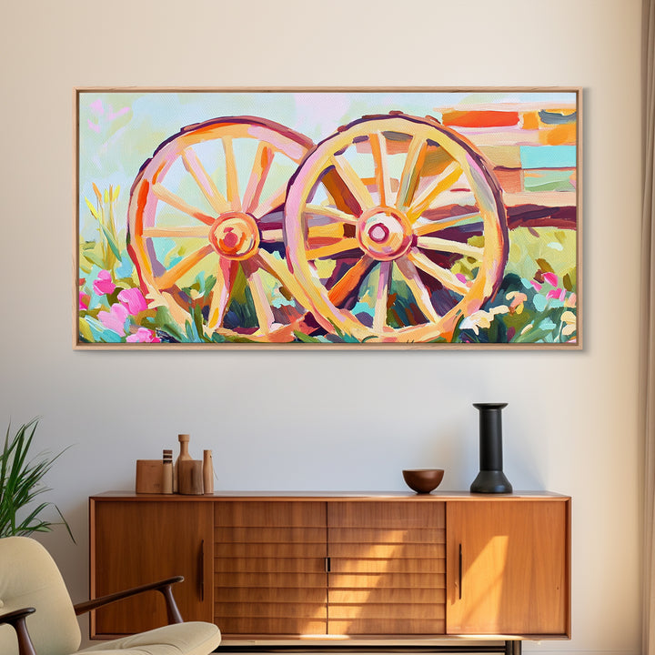 Rustic Wagon Wheels In Flower Garden Framed Canvas Print, Farmhouse Wall Art, Western Decor, Country Landscape Gift For Home