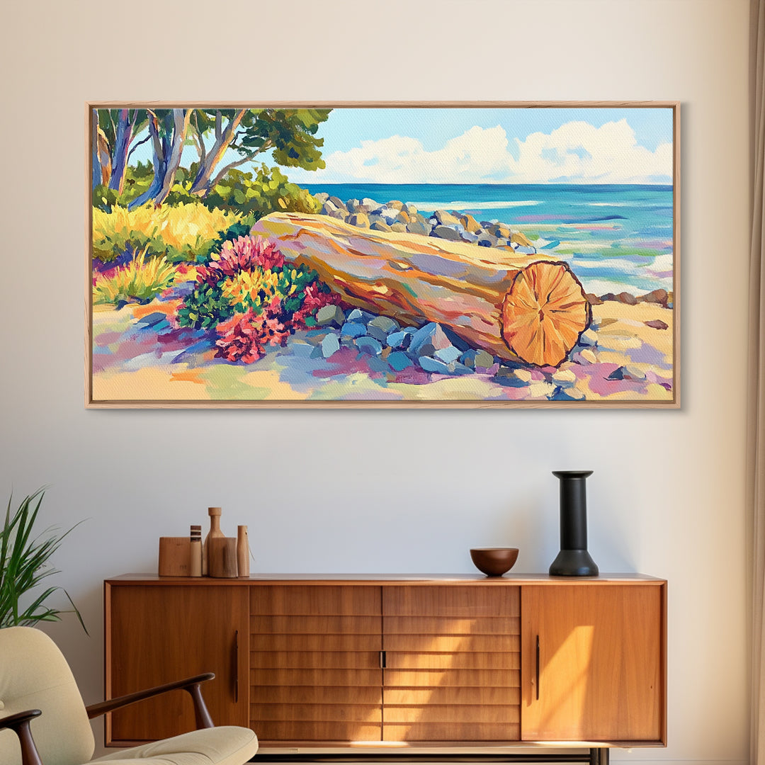 Sunlit Driftwood Beach And Turquoise Ocean Canvas Print, Coastal Wall Art, Seascape Painting, Beach House Decor Gift For Her