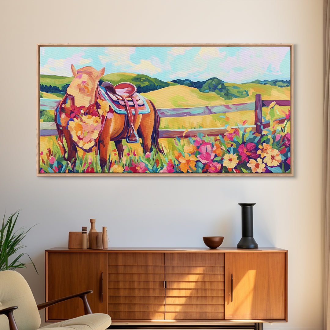 Pasture Horse With Saddle And Wildflowers Framed Canvas Print, Western Wall Art, Country Farmhouse Decor, Horse Lover Gift