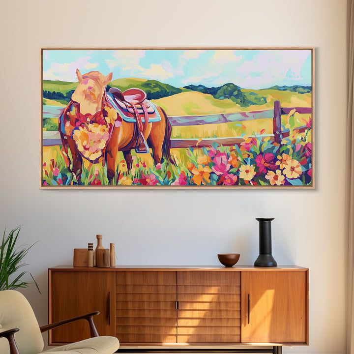 Pasture Horse With Saddle And Wildflowers Framed Canvas Print, Western Wall Art, Country Farmhouse Decor, Horse Lover Gift