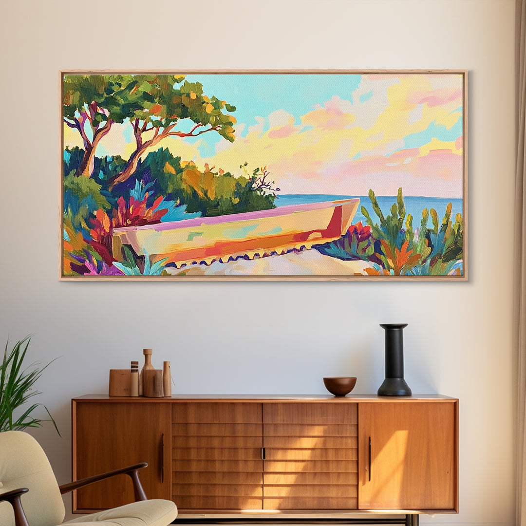 Pastel Garden Bench Overlooking Calm Sea Canvas Print, Coastal Wall Art, Mediterranean Decor, Serene Landscape For Living Room