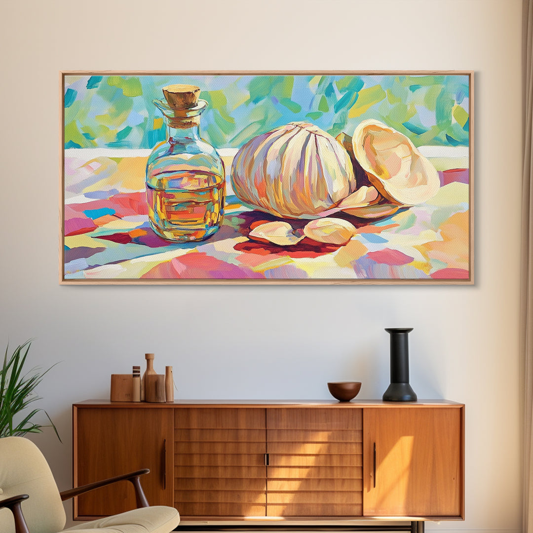 Garlic Bulb With Glass Oil Bottle And Shell Canvas Print, Kitchen Wall Art, Coastal Food Still Life Decor, Housewarming Gift
