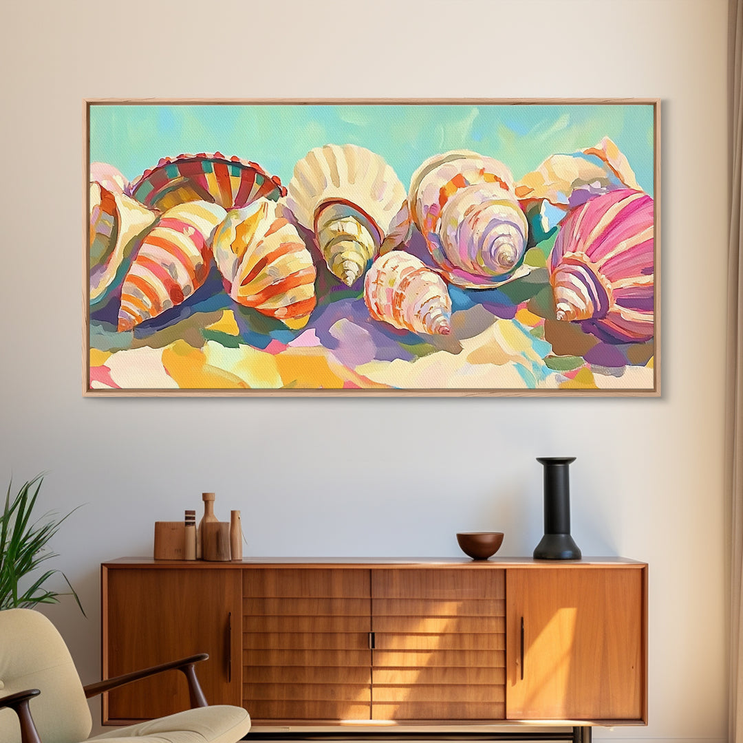 Rainbow Seashell Collection Beach Still Life Canvas Print, Coastal Wall Art, Nautical Home Decor, Colorful Beach House Gift