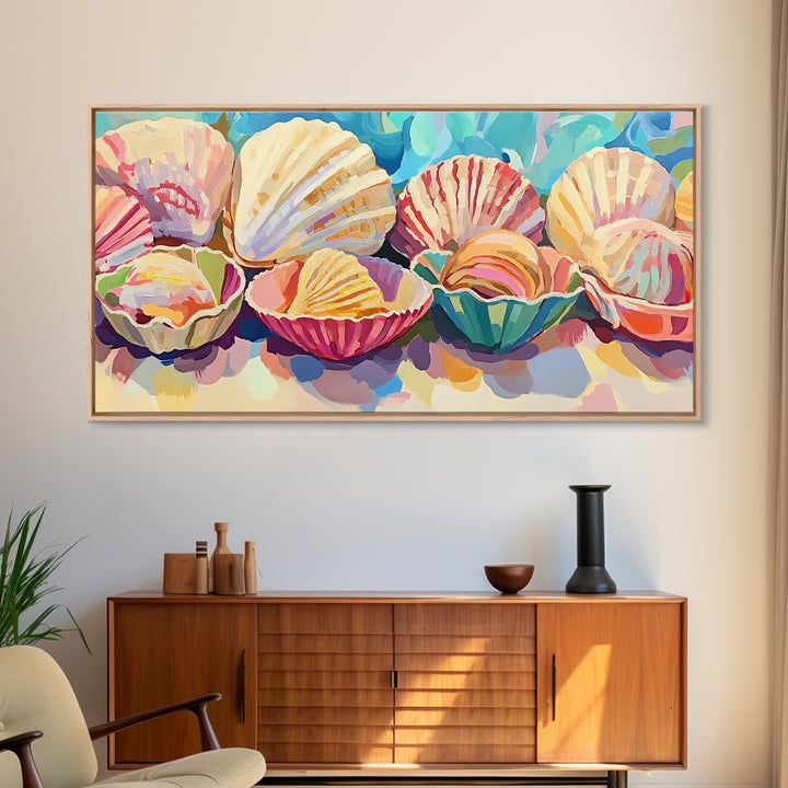 Colorful Scallop Shell Trio Still Life Wall Art, Coastal Bathroom Decor, Seashell Canvas Print, Beach House Gallery Art Print