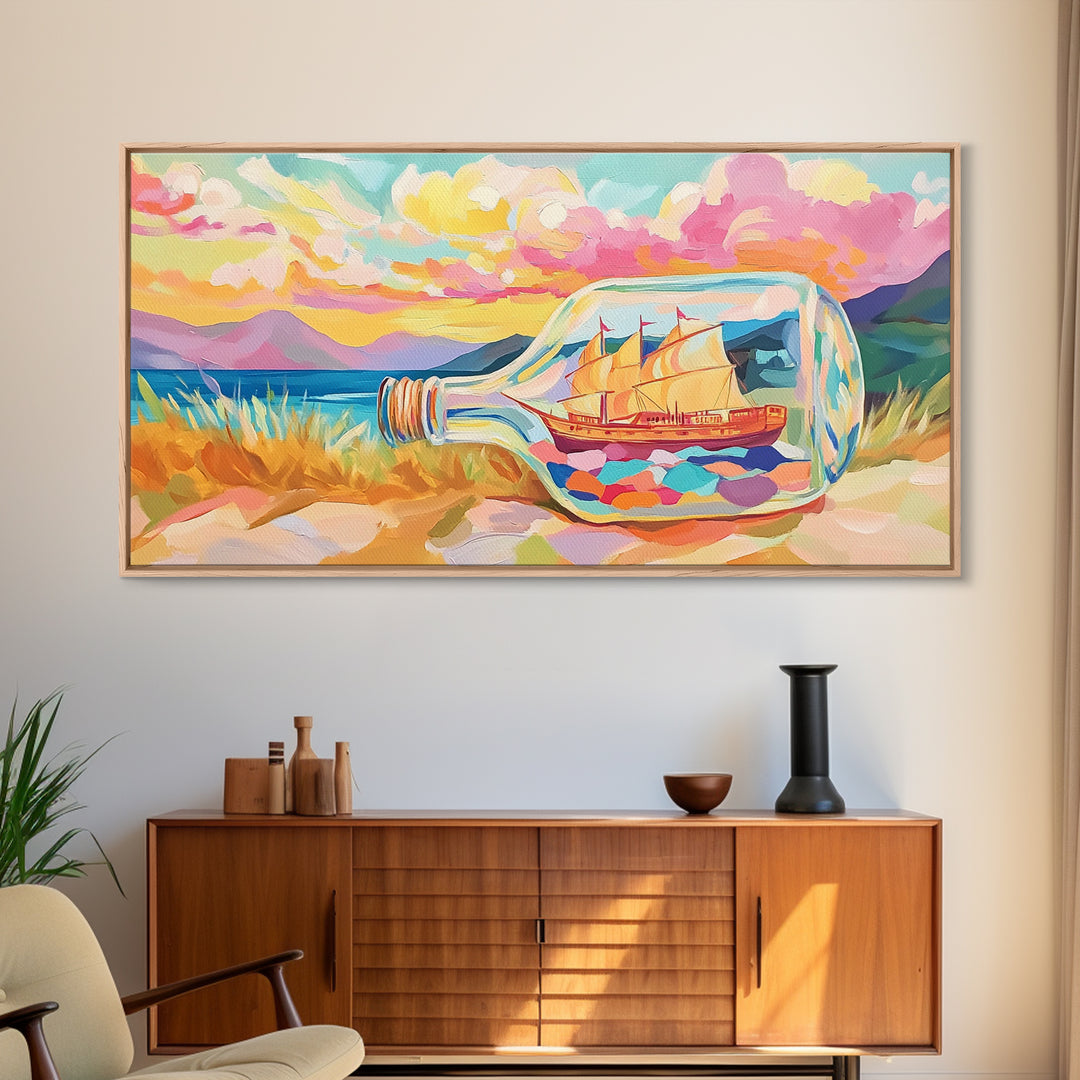 Ship In A Bottle Sunset Seascape Canvas Print, Coastal Wall Art, Nautical Beach House Decor, Whimsical Ocean Landscape Art