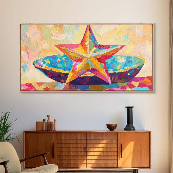 Painted Starfish And Bright Seashell Still Life Wall Art, Coastal Canvas Print, Beach House Decor, Colorful Nautical Art Gift