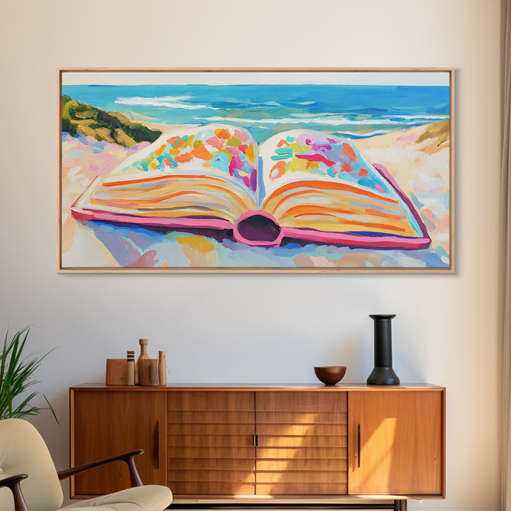 Open Book On Sunny Beach Canvas Print, Coastal Wall Art, Beach House Decor, Ocean Landscape Art, Gift For Book Lover, Living Room Decor